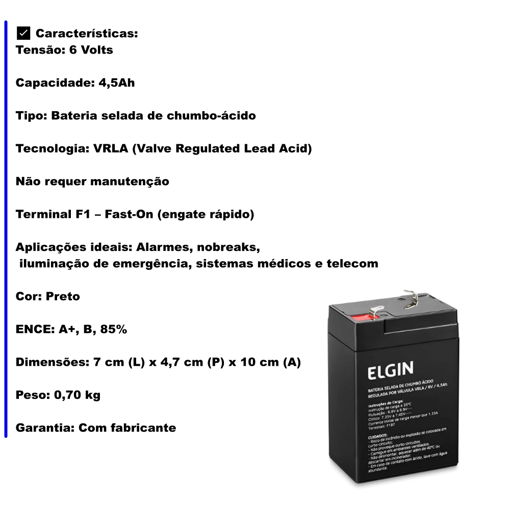 Bateria Selada Elgin 6V 4,5Ah VRLA – Terminal F1 - Imagem 3