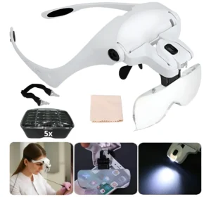 Lupa profissional com 5 lentes de aumento e iluminação LED, ideal para serviços de precisão.