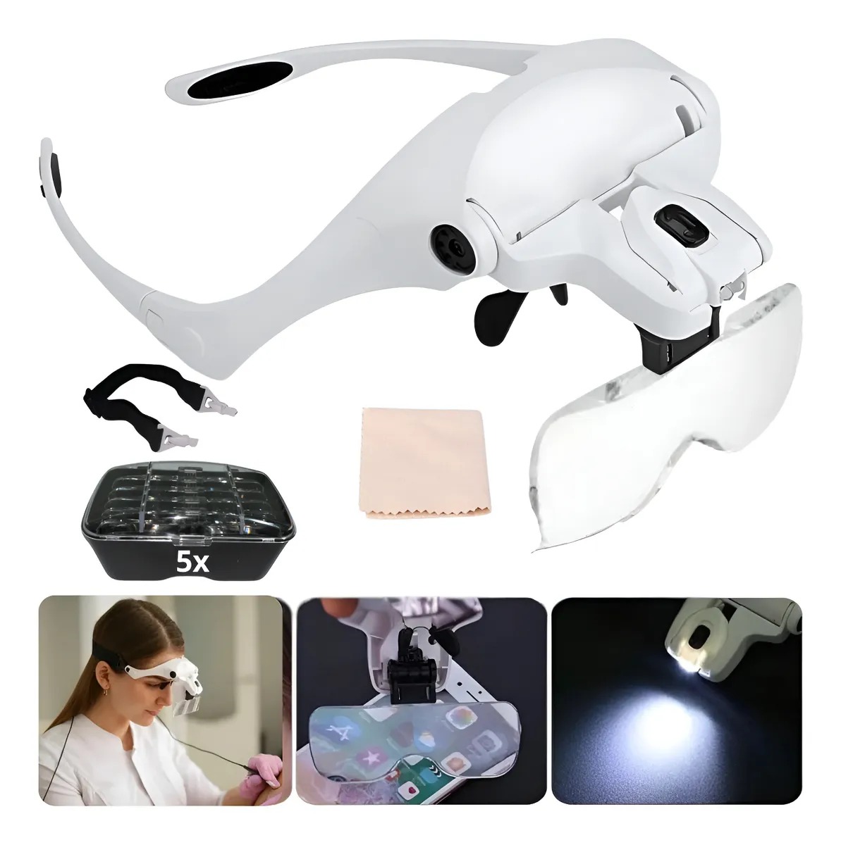 Lupa profissional com 5 lentes de aumento e iluminação LED, ideal para serviços de precisão.