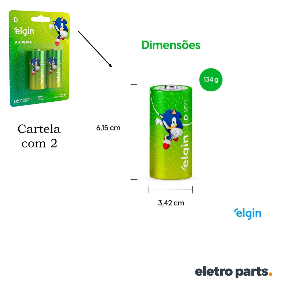 Pilha LR20 Elgin Alcalina Tipo D – Blister com 2 Unidades