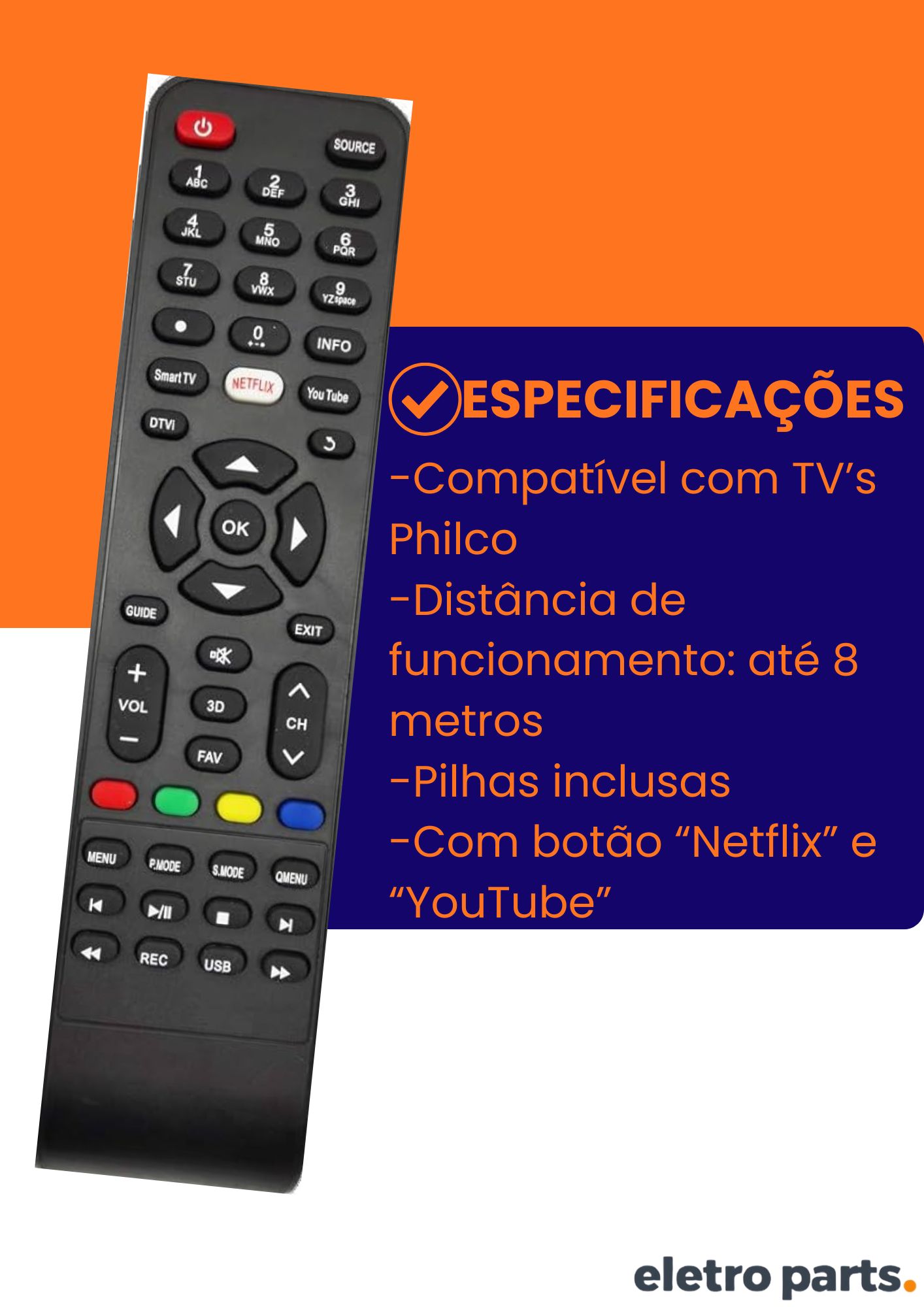 Controle Remoto TV Philco Smart com Tecla Netflix e You Tube - Imagem 2