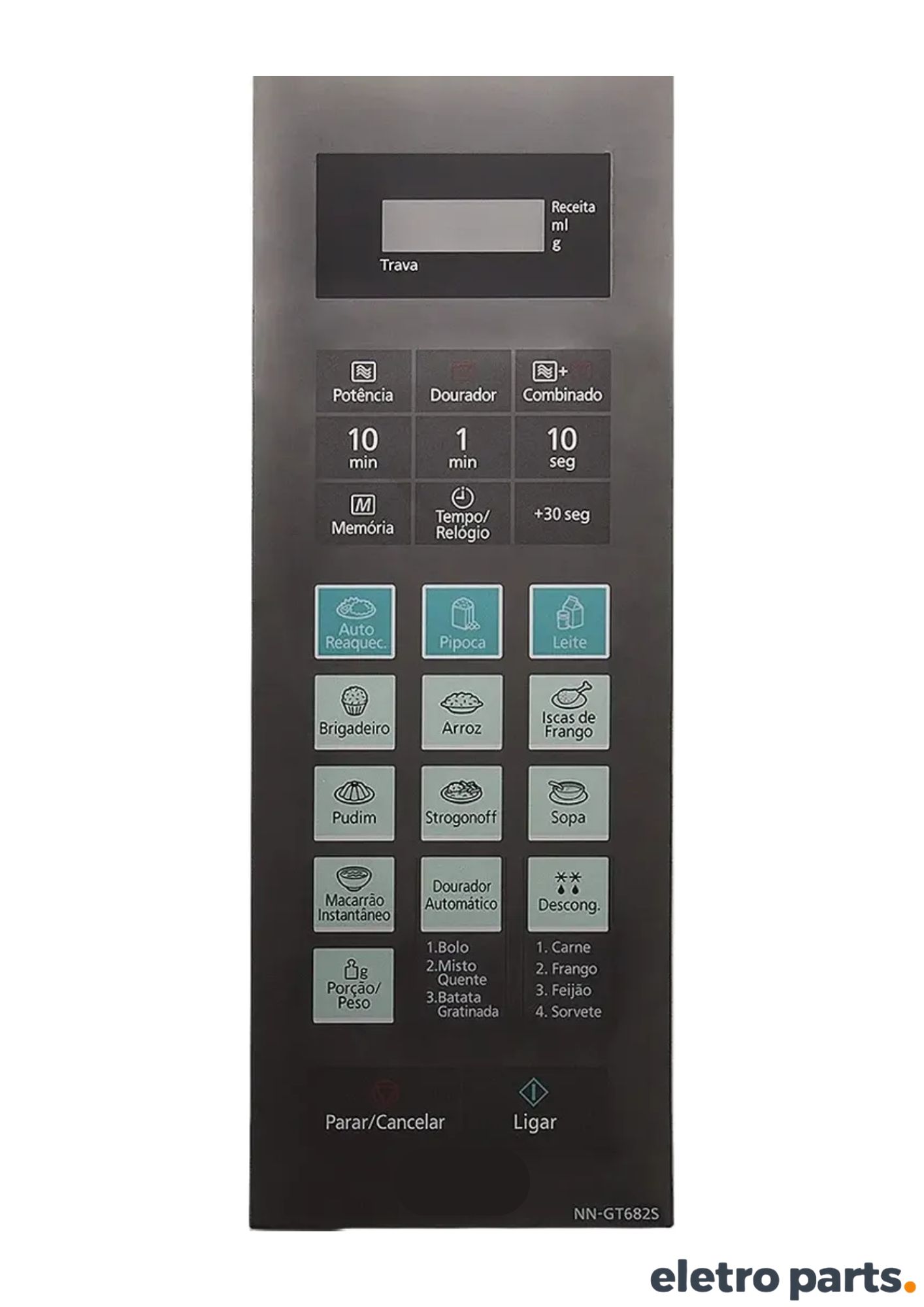 membrana Panasonic NN-GT682 SRU, membrana NN-GT682 SRU, teclado microondas Panasonic, membrana microondas Panasonic, teclado membrana NN-GT682, membrana espelhada Panasonic, membrana com flat, membrana compatível Panasonic, painel microondas Panasonic