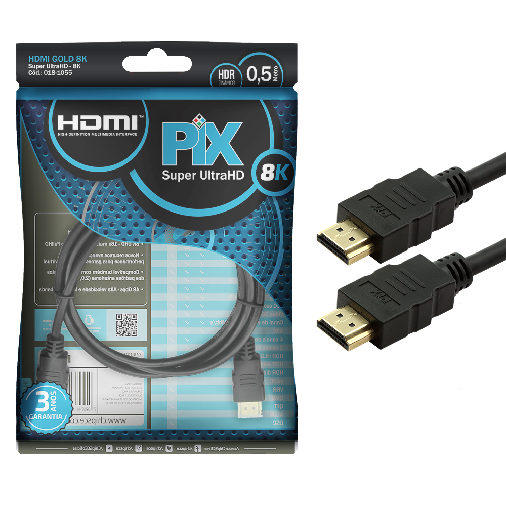 Cabo HDMI 0,5 Metros 8K 2.1 Ultra HD com Terminais Gold