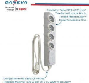 Extensão Elétrica com 4 Tomadas 1,3 Metros Cinza - Daneva