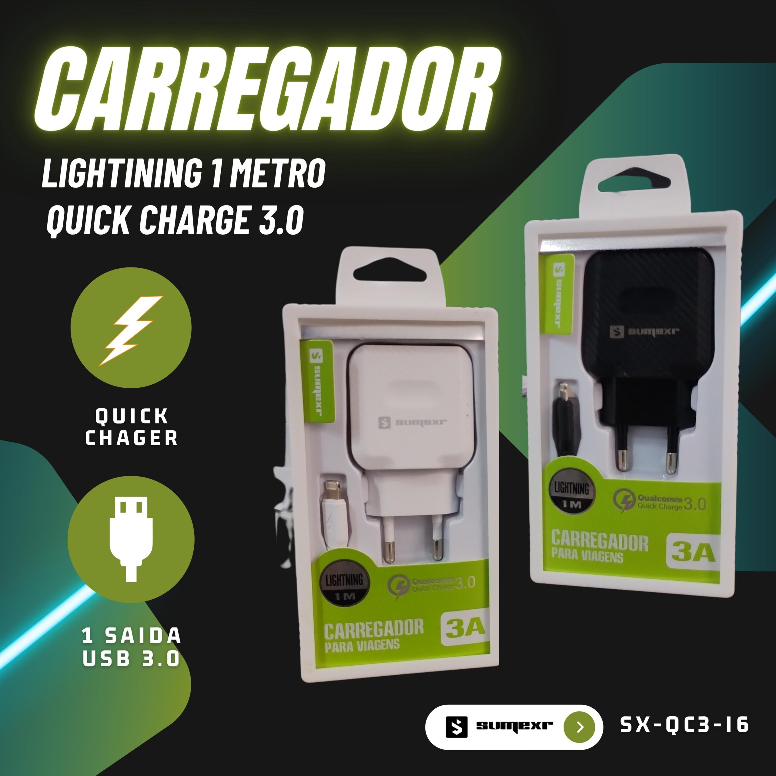 Carregador USB Quick Charge 3.0 + Cabo Lightning 3A - SUMEXR