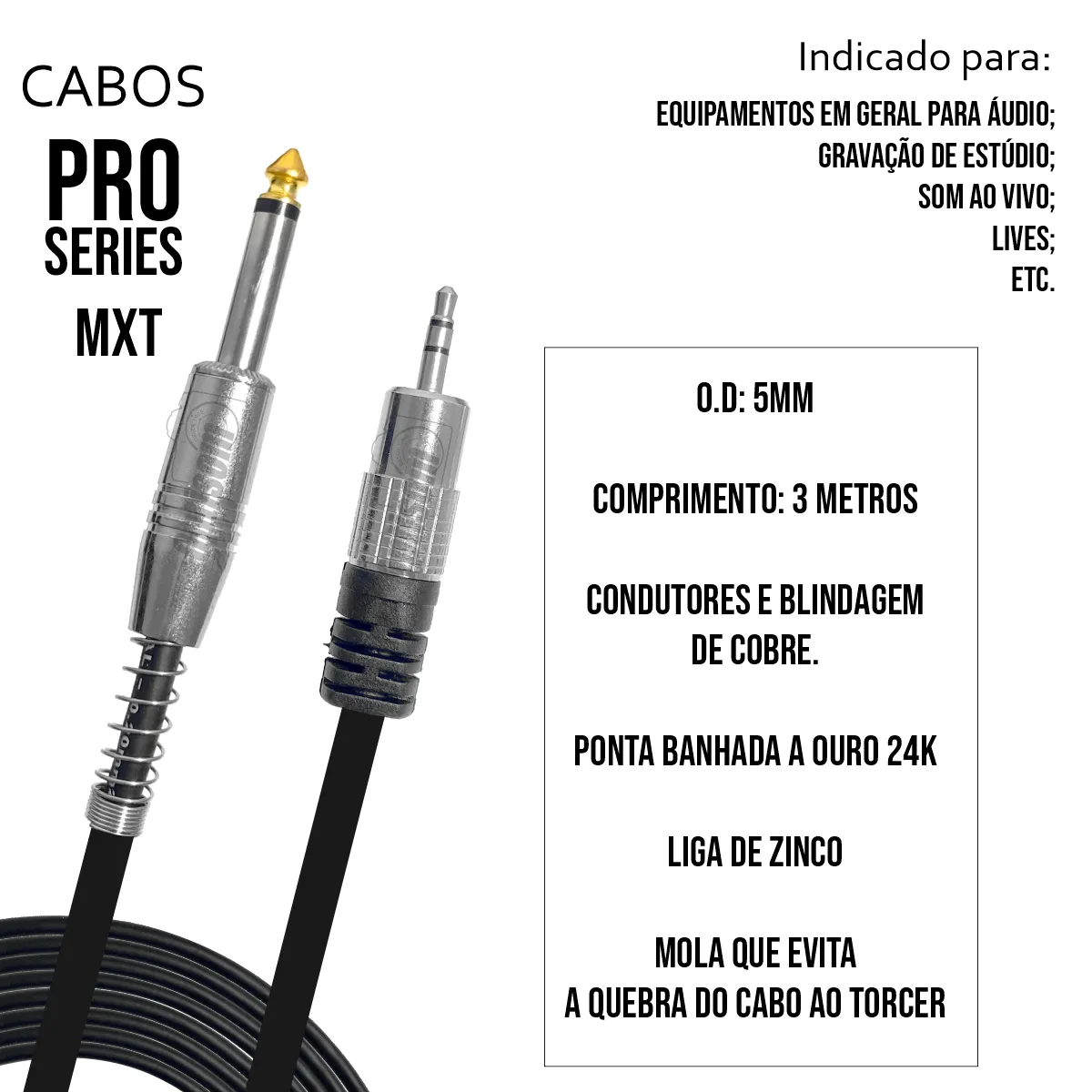 Cabo P10 Mono x P2 Estéreo com 3 Metros - MXT Pro Series - Imagem 2