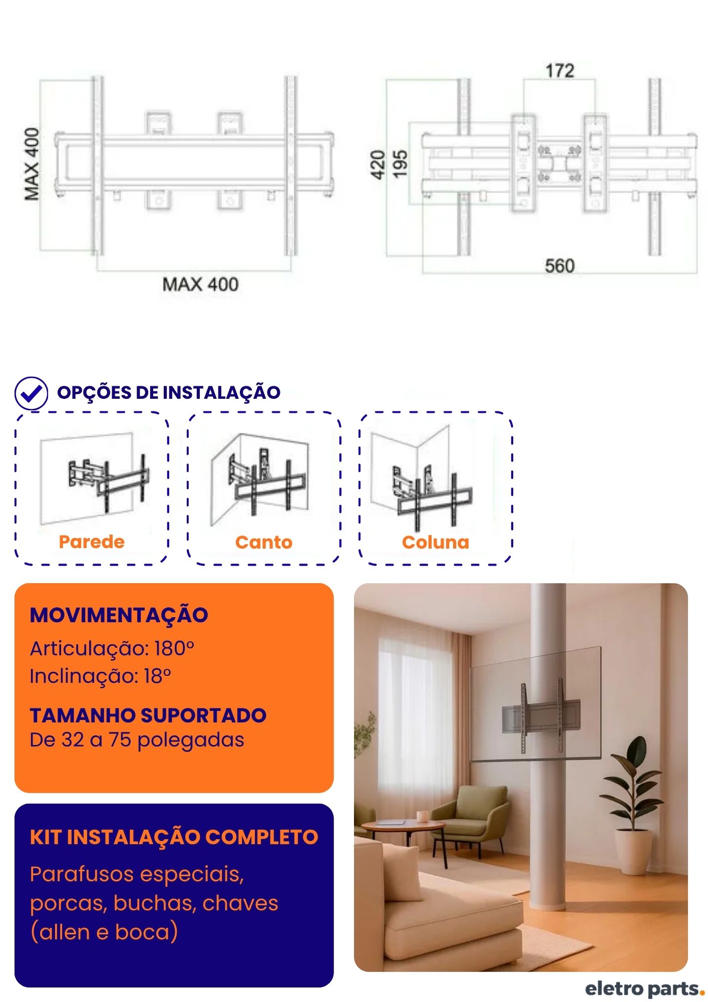 Suporte Multi-Articulado para TV de 32 a 75" Ideal para Cantos e Colunas - PX-38 - Imagem 3