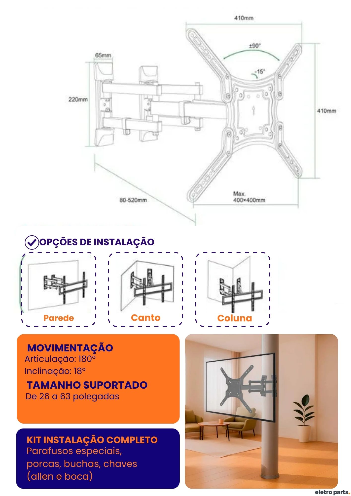 Suporte Multi-Articulado para TV de 26 a 63″ Ideal para Cantos e Colunas - PX-39 - Imagem 3