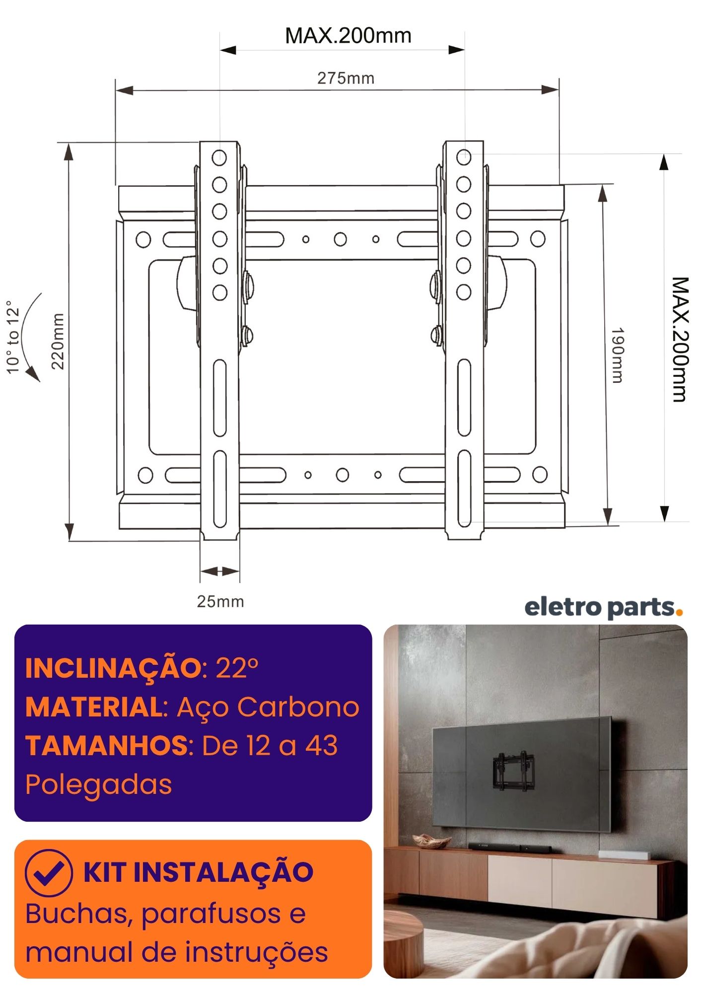 Suporte Inclinável para TV de 12 a 43" - Tipo Trilho PX-FT20 - Imagem 3