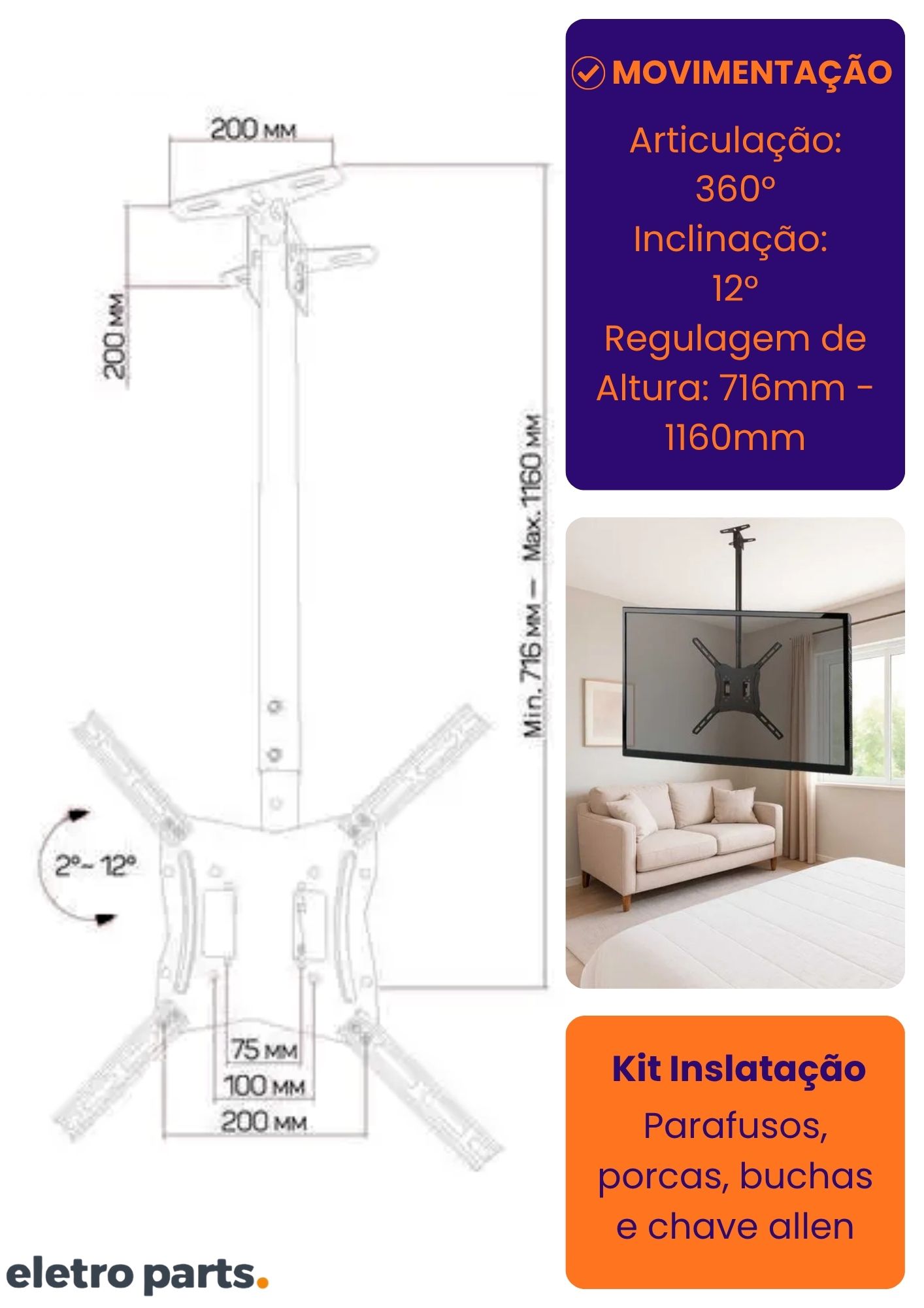 Suporte de Teto para TV de 23 A 55" com Altura Ajustável - PX-CM40 - Imagem 3