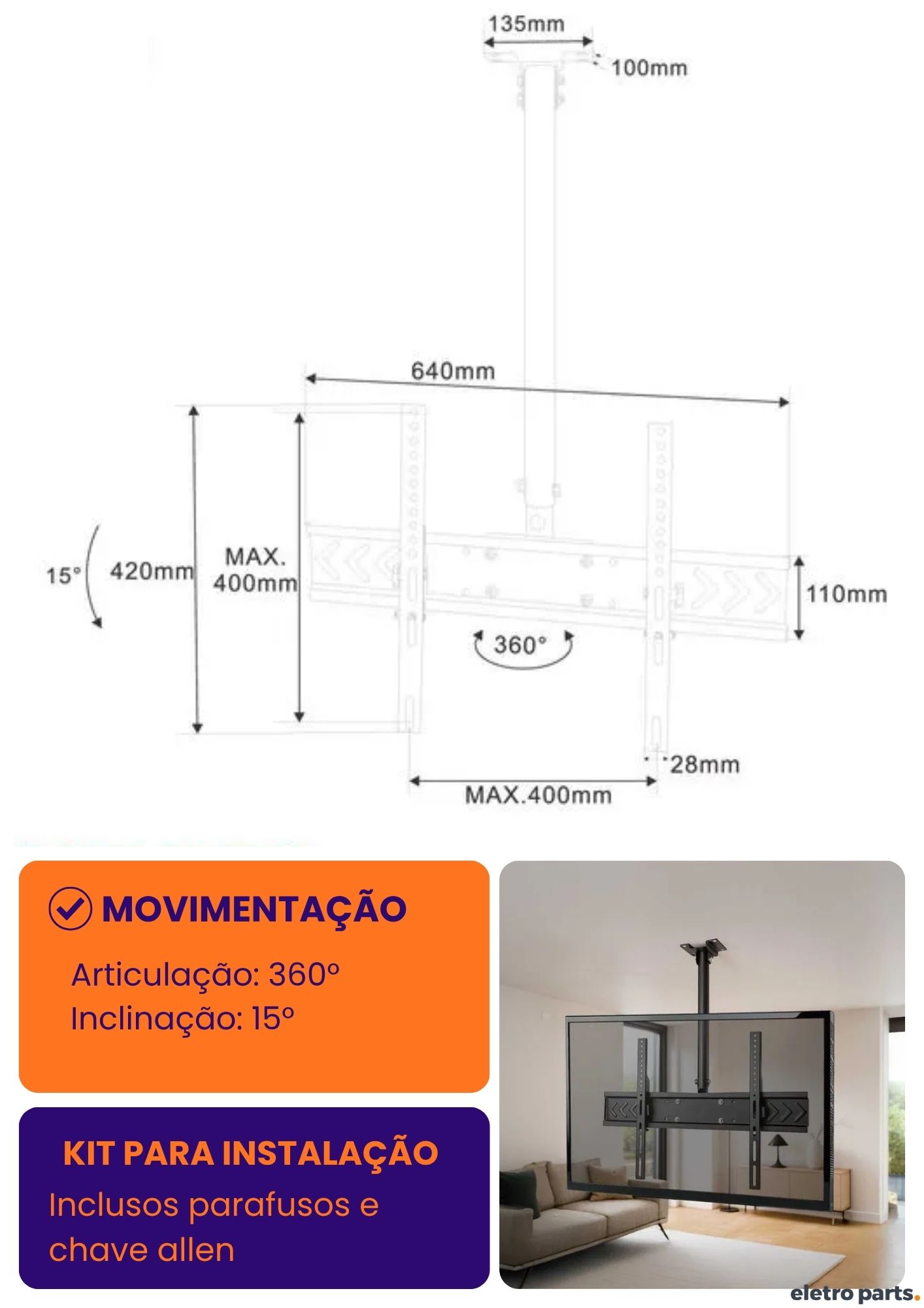 Suporte de Teto para TV de 32 a 75" - PX-CM60 - Imagem 3