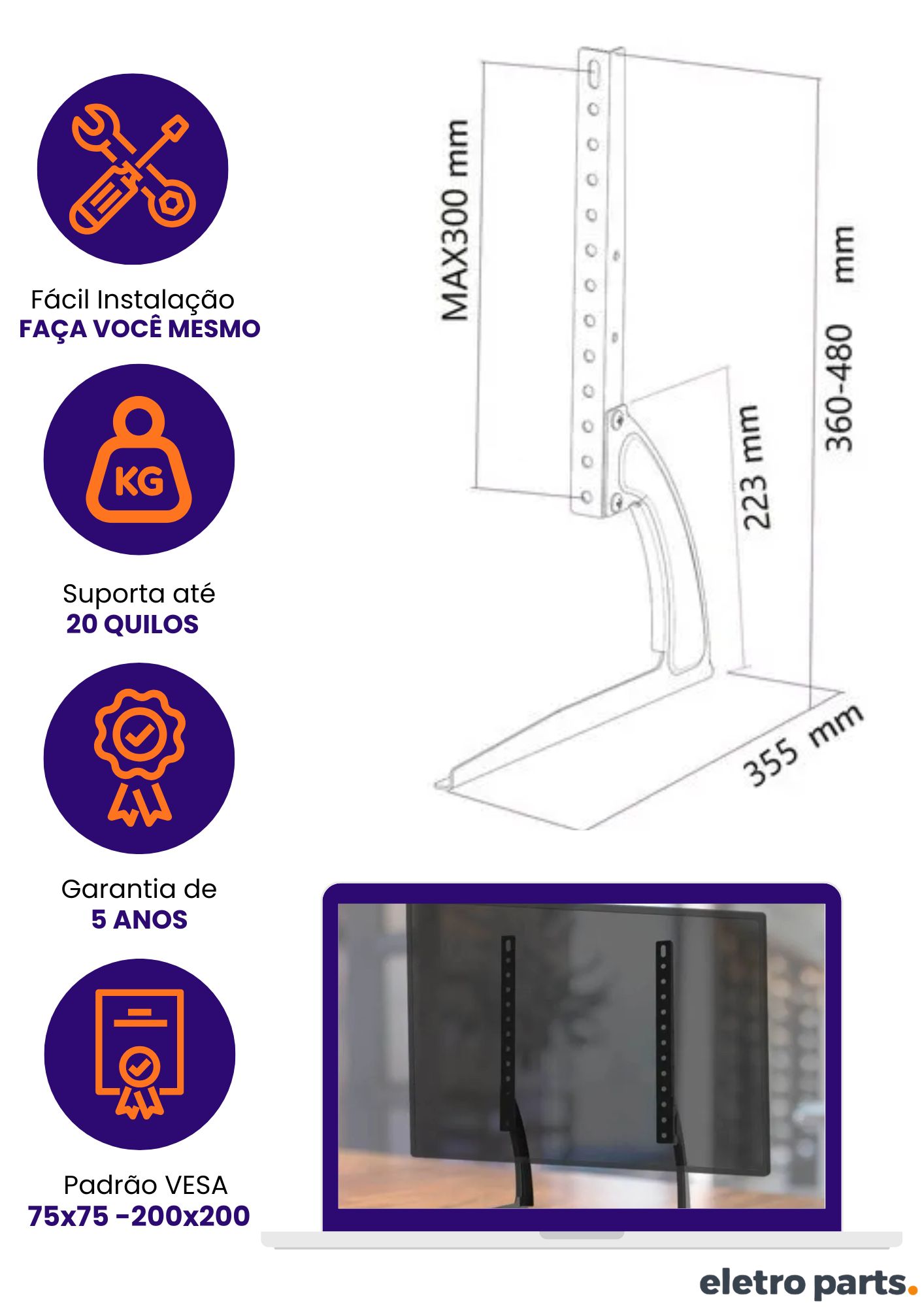 Suporte Base de Mesa para TV/Monitor 14″ a 43″ – Substitui o Pé Original - Imagem 2