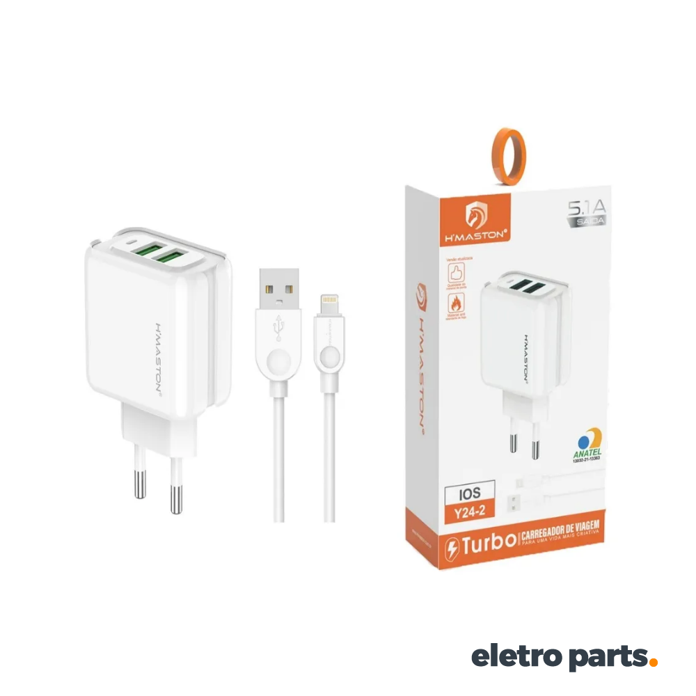 Carregador USB Duplo 5.1A + Cabo Lightning - Y24-2 H'MASTON