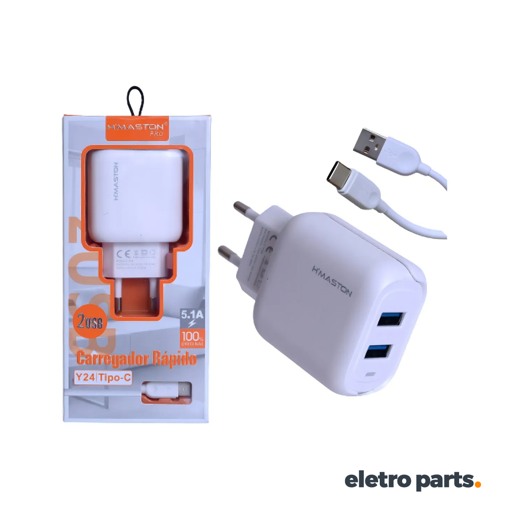 Carregador USB Duplo 5.1A + Cabo TIPO C - Y24-3 H'MASTON