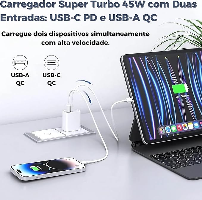 Carregador USB A / USB Tipo C + Cabo Lightning 45W - LEHMOX - Imagem 2