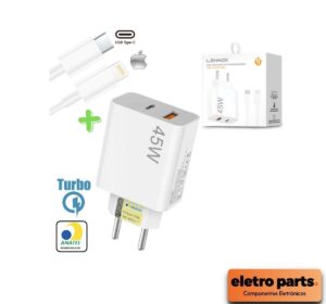 Carregador USB A / USB Tipo C + Cabo Lightning 45W - LEHMOX