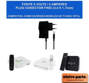 Fonte 5V x 2,0A Plug Fino ( 4,0 X 1,7mm ) Para TV BOX / BTV