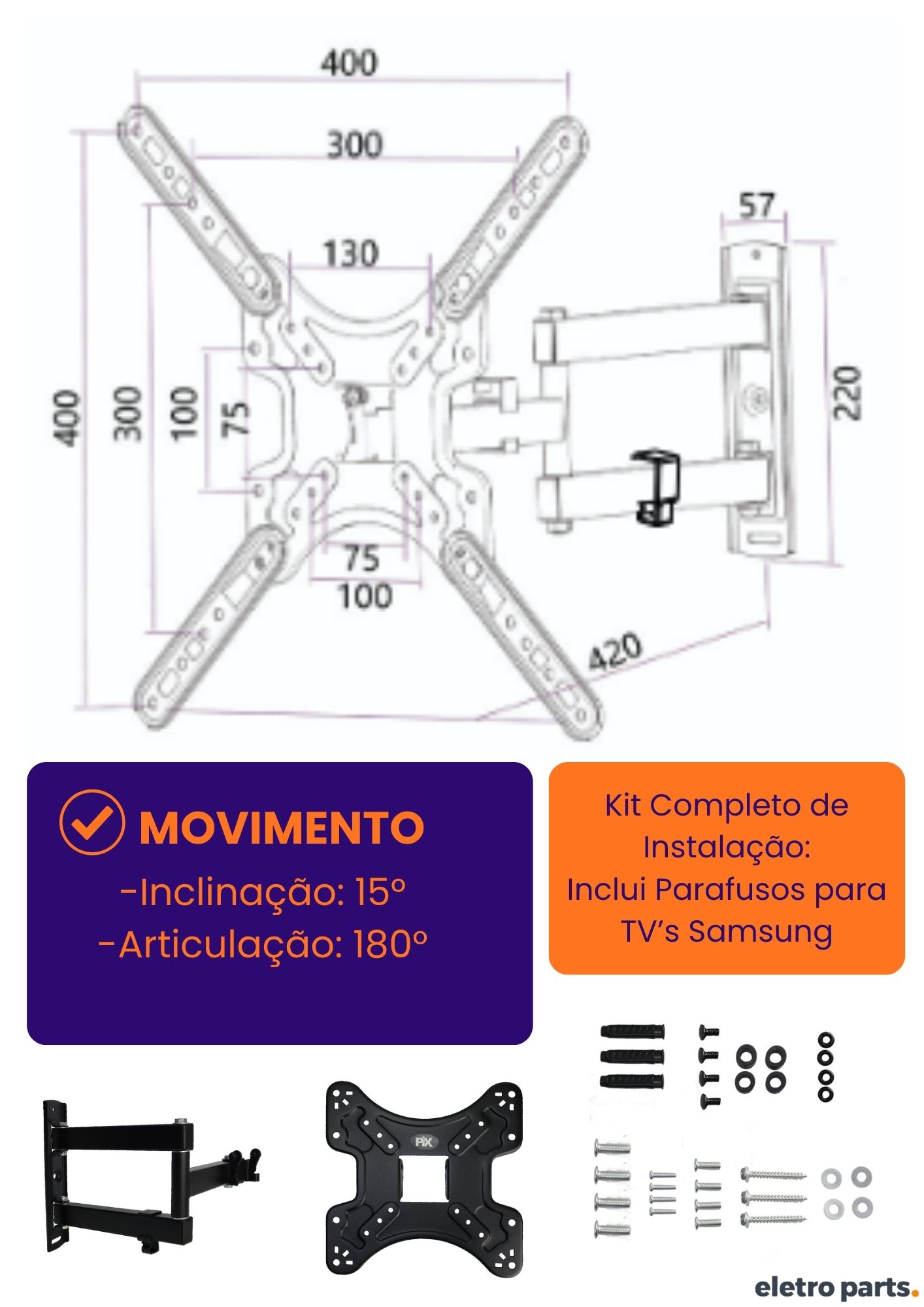 Suporte Tri-Articulado Para TV 26 a 65" - Braço 42cm- PX-P4 - Imagem 3
