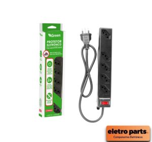 Filtro de Linha 5 Tomadas Cabo 1M c/ Chave Disjuntor Inteligente – GREEN