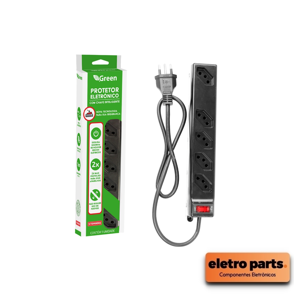 Filtro de Linha 5 Tomadas Cabo 1M c/ Chave Disjuntor Inteligente – GREEN