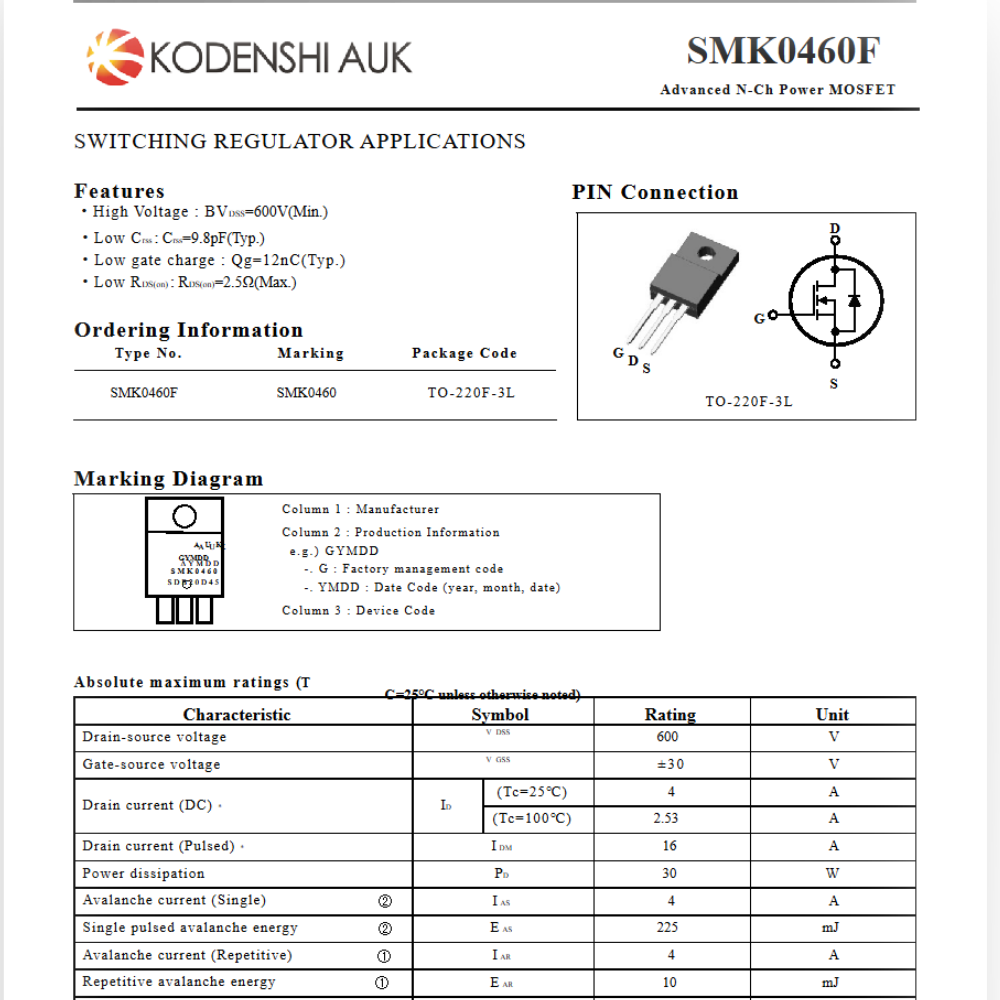 Transistor SMK0460 – TO-220 – N-Channel MOSFET 600V 4A - Imagem 3