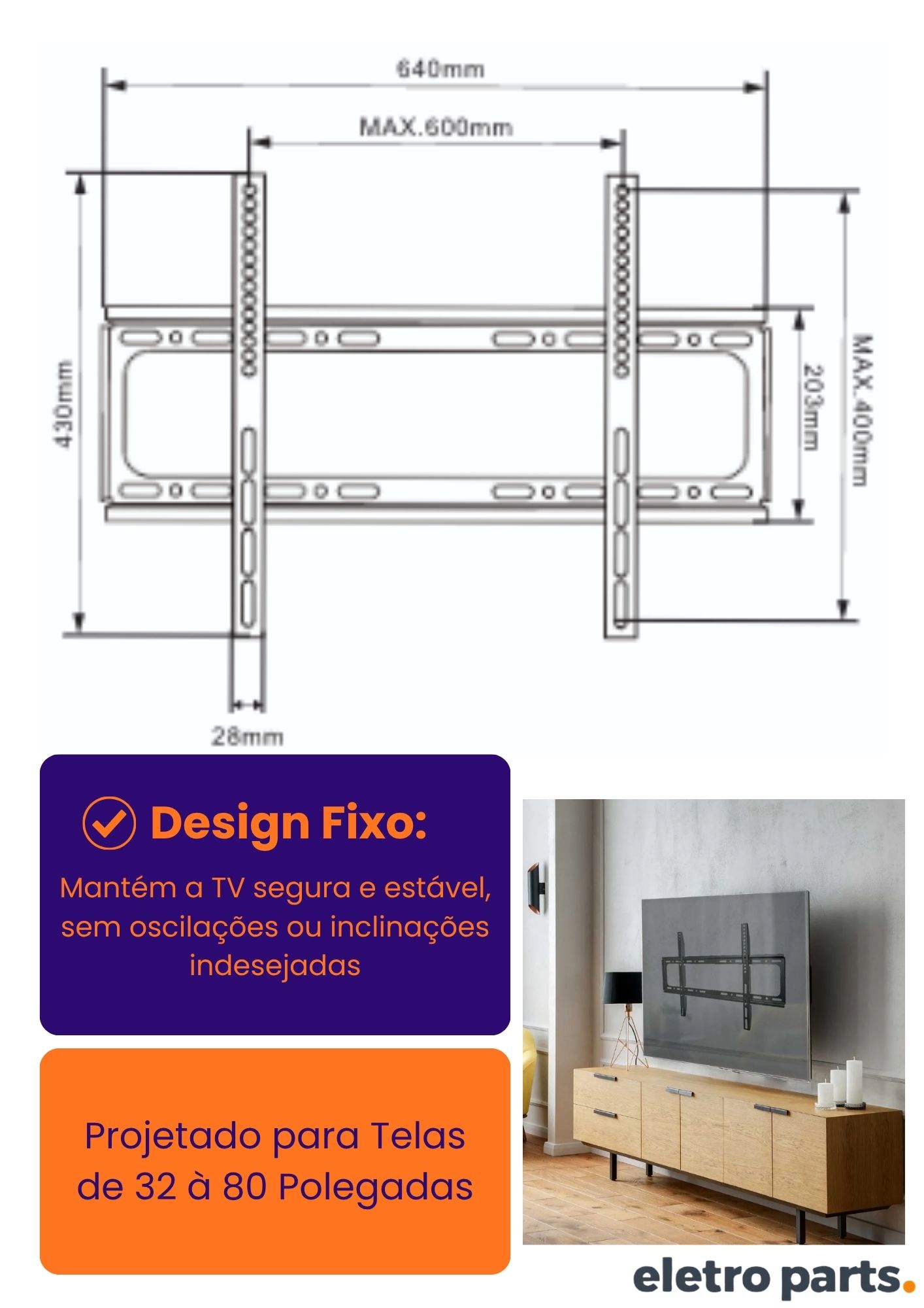 Suporte Fixo para TV de 32 a 80" - Tipo Trilho - Imagem 3