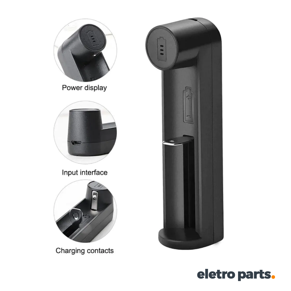 Carregador de Bateria de Lanterna Tática I Carrega Baterias de Lítio Cilíndricas 18650 / 26650