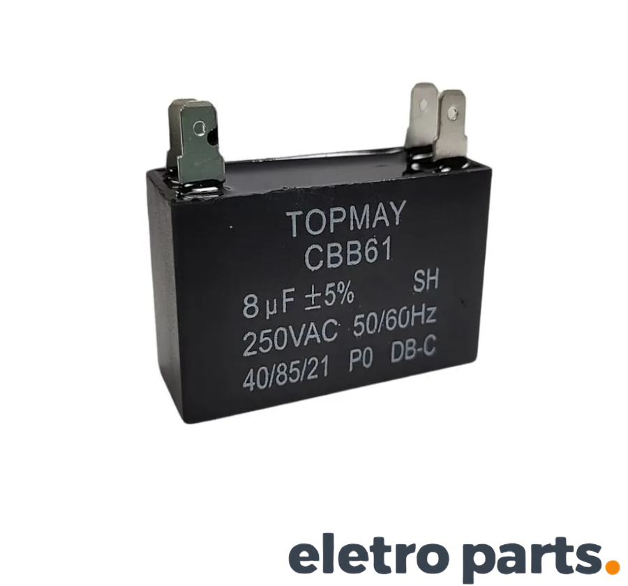 Capacitor CBB61 8uF 250VAC Quadrado Faston 5%