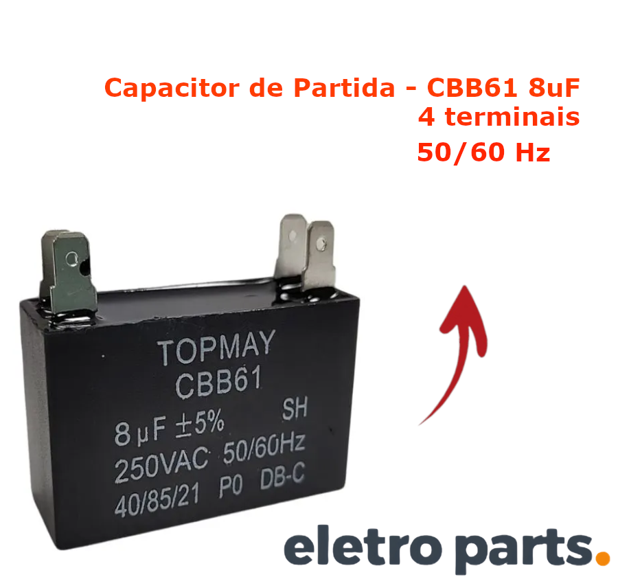 Capacitor CBB61 8uF 250VAC Quadrado Faston 5% - Imagem 3