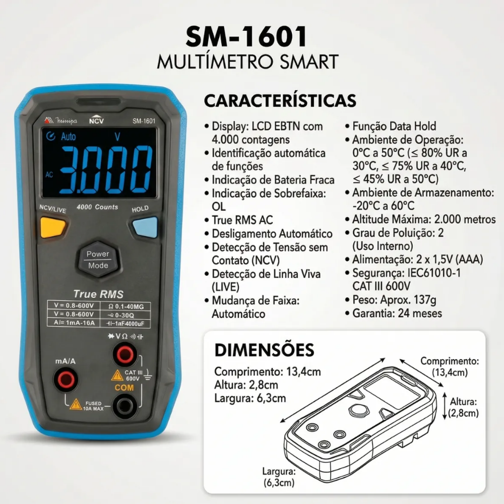 Multímetro Digital Smart SM-1601 Minipa True RMS CAT III 600V - Imagem 2