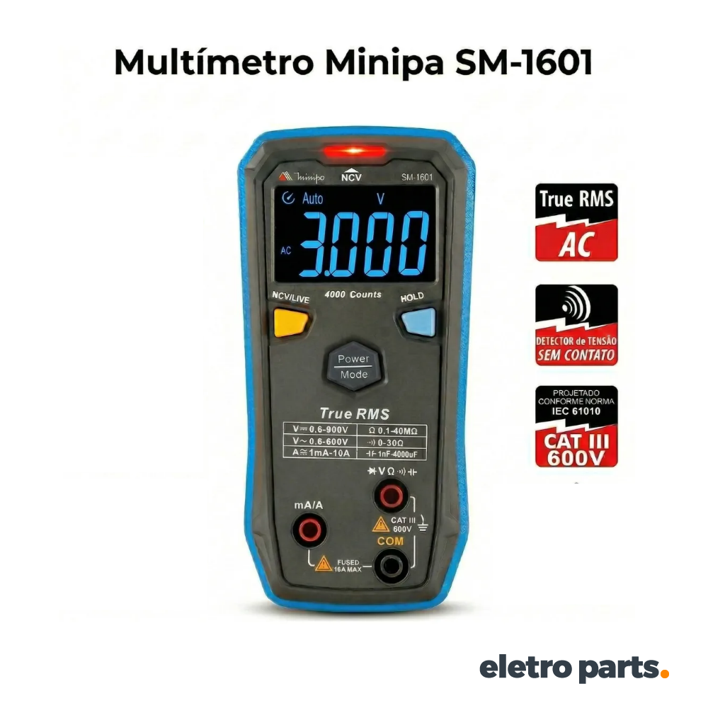 Multímetro Digital Smart SM-1601 Minipa True RMS CAT III 600V