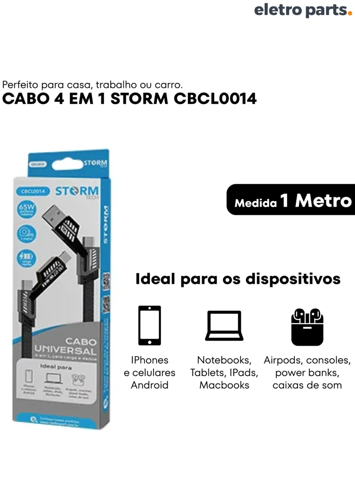 Cabo USB 4x1 - USB x Tipo C x Lightining 65W - 1 Metro - Imagem 3