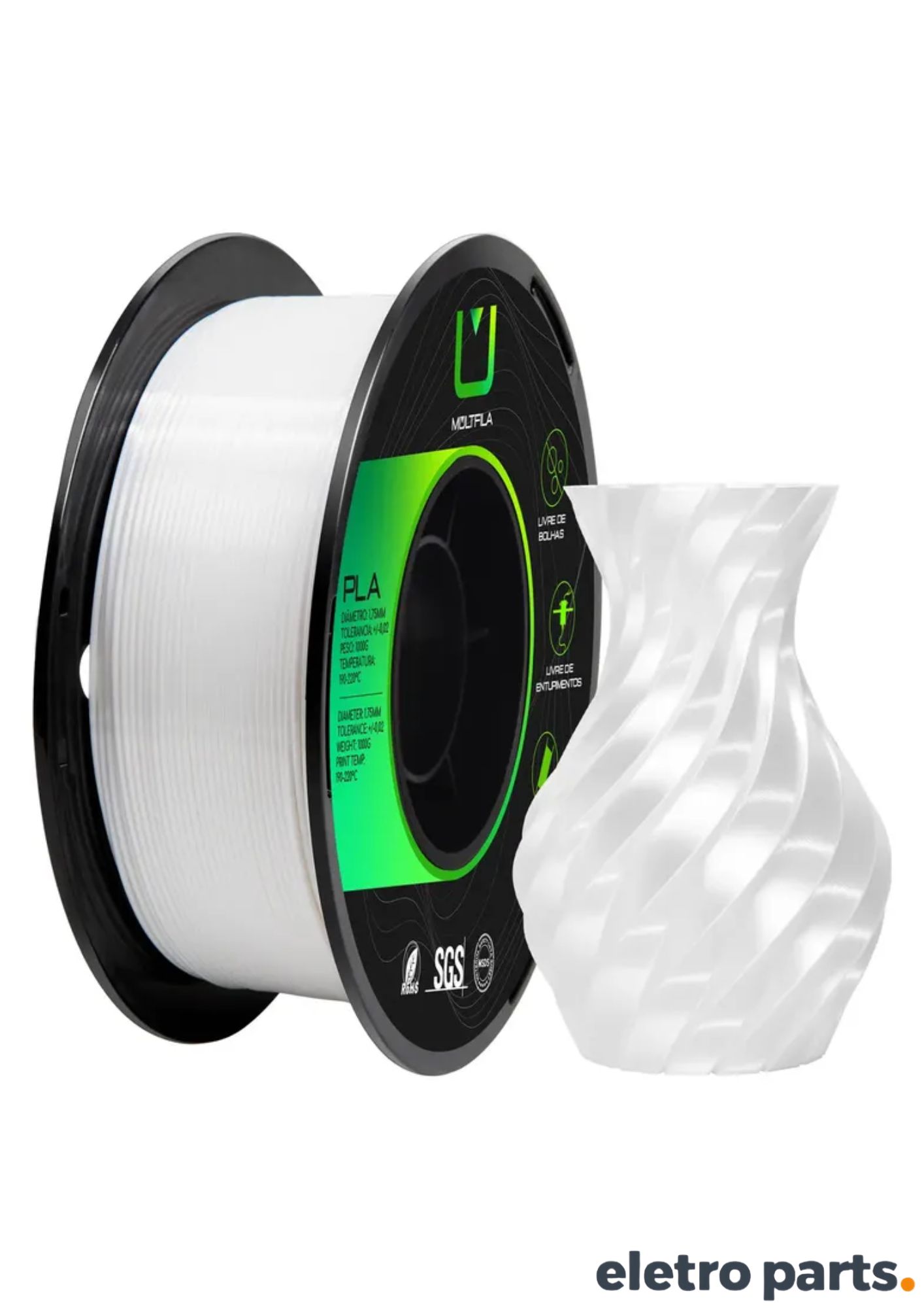 Filamento PLA Silk Branco 1,75 mm 1 kg MultFila para Impressora 3D