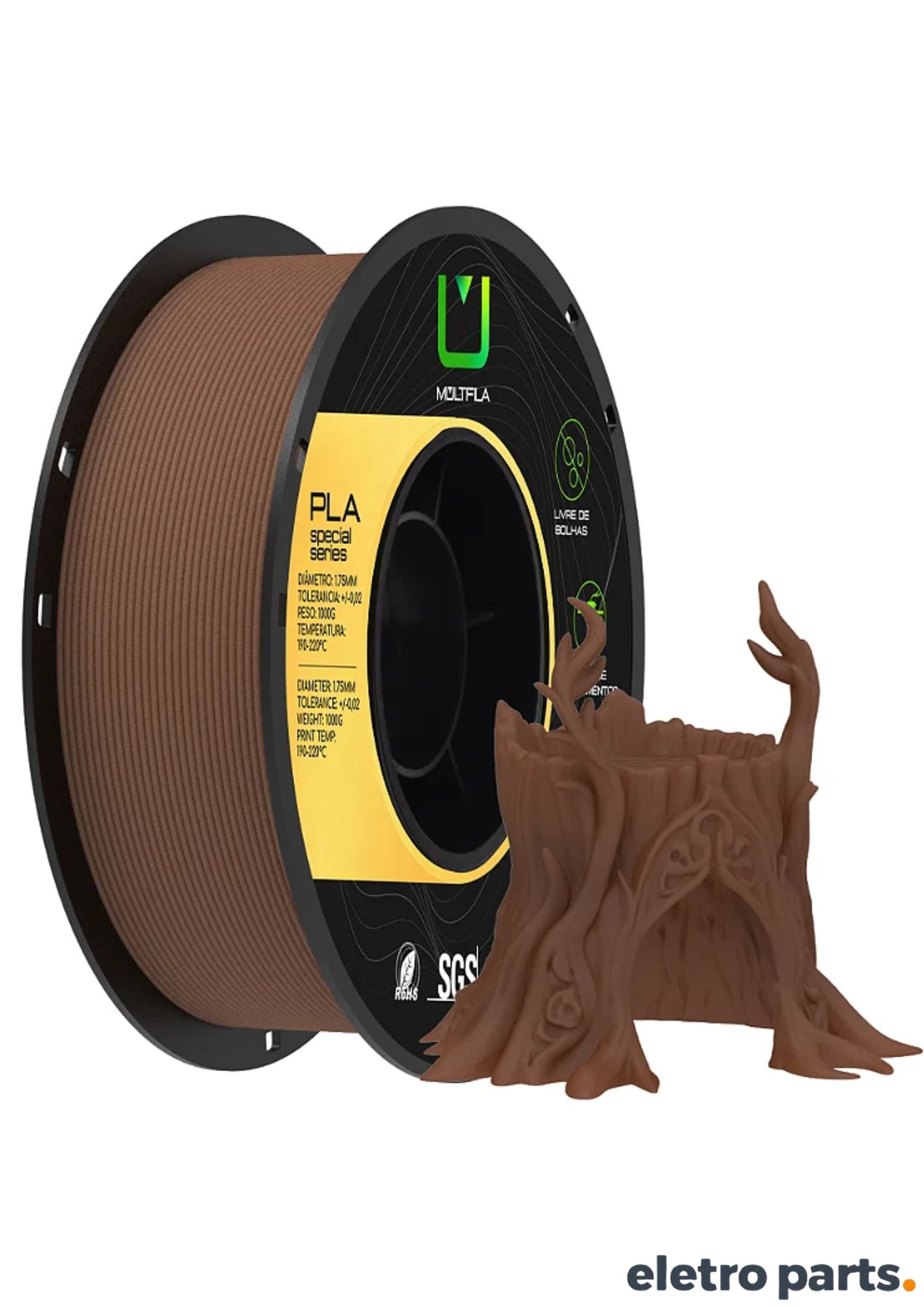 Apresenta o rolo de Filamento PLA Woody carvalho e um produto impresso