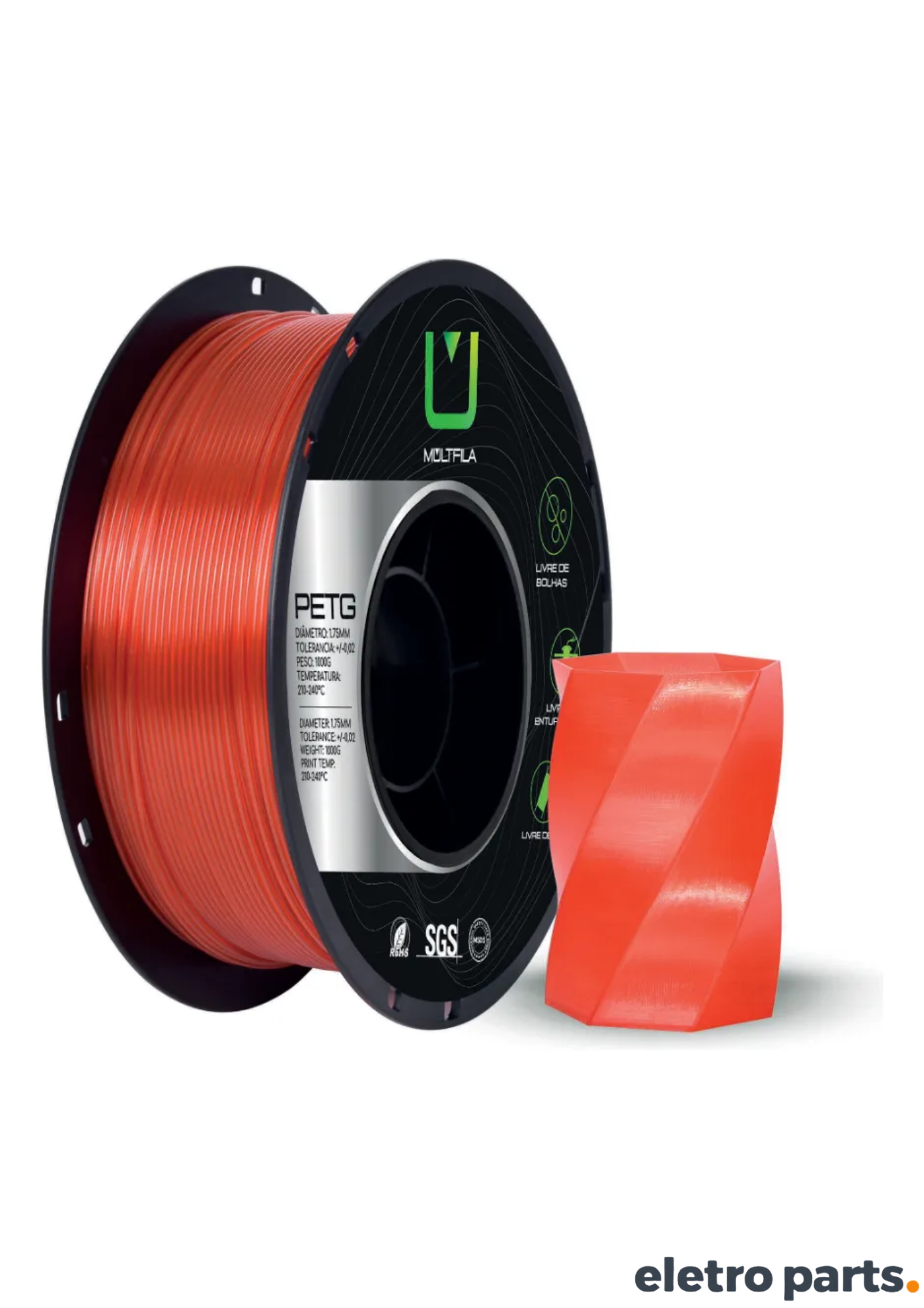 Filamento PETG Vermelho Translúcido 1,75 mm 1 kg MultFila para Impressora 3D