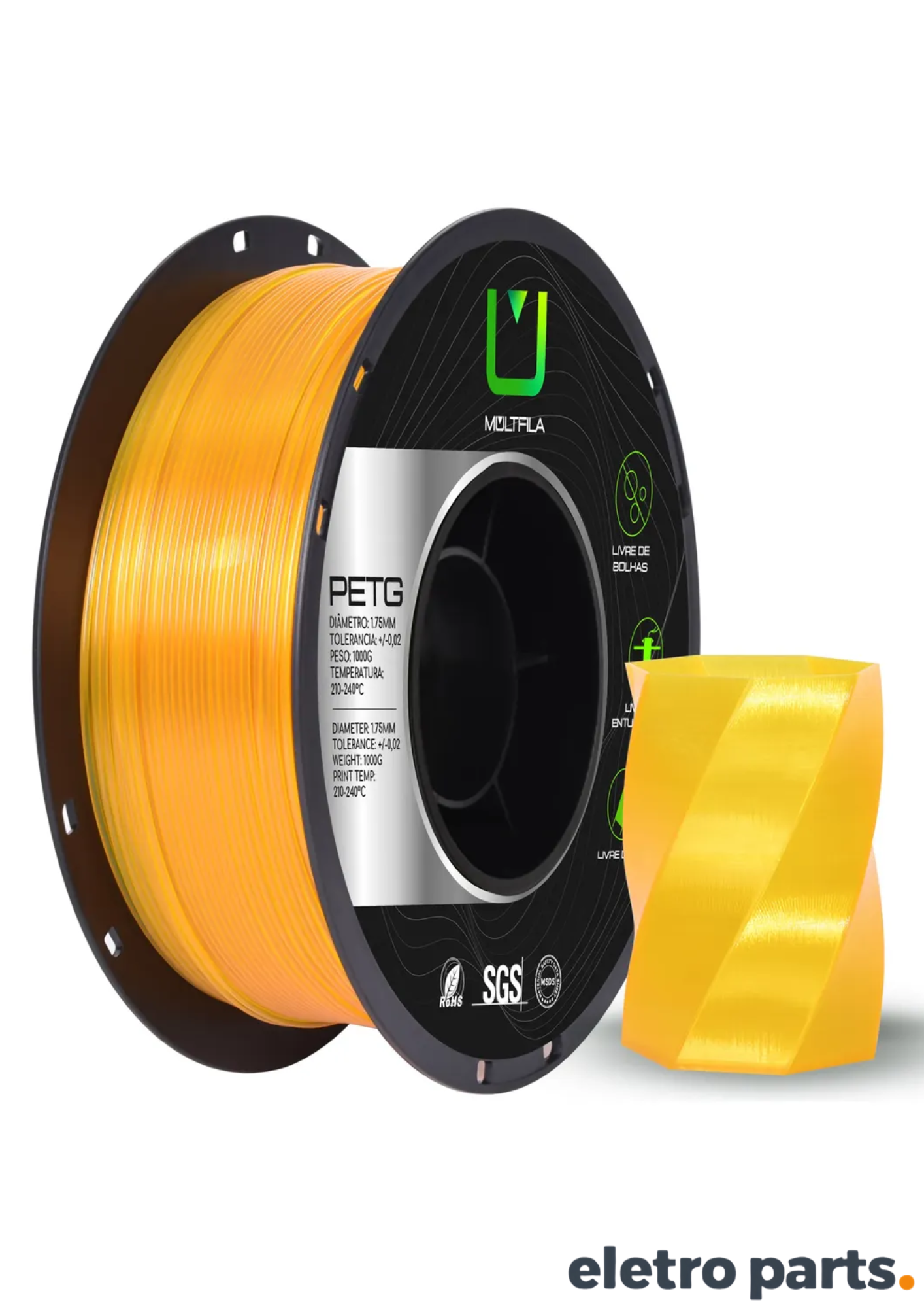 Filamento PETG Amarelo Translúcido 1,75 mm 1 kg MultFila para Impressora 3D