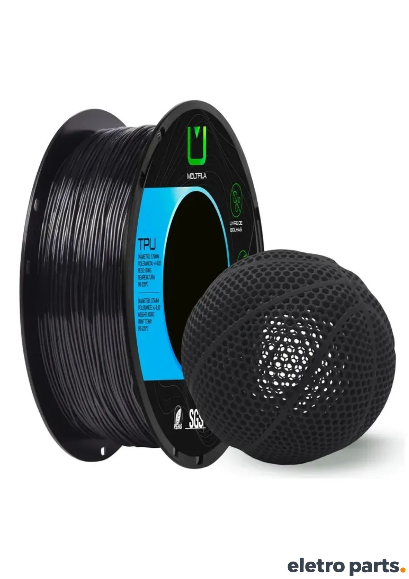 Filamento TPU Preto 1,75 mm 1 kg MultFila para Impressora 3D