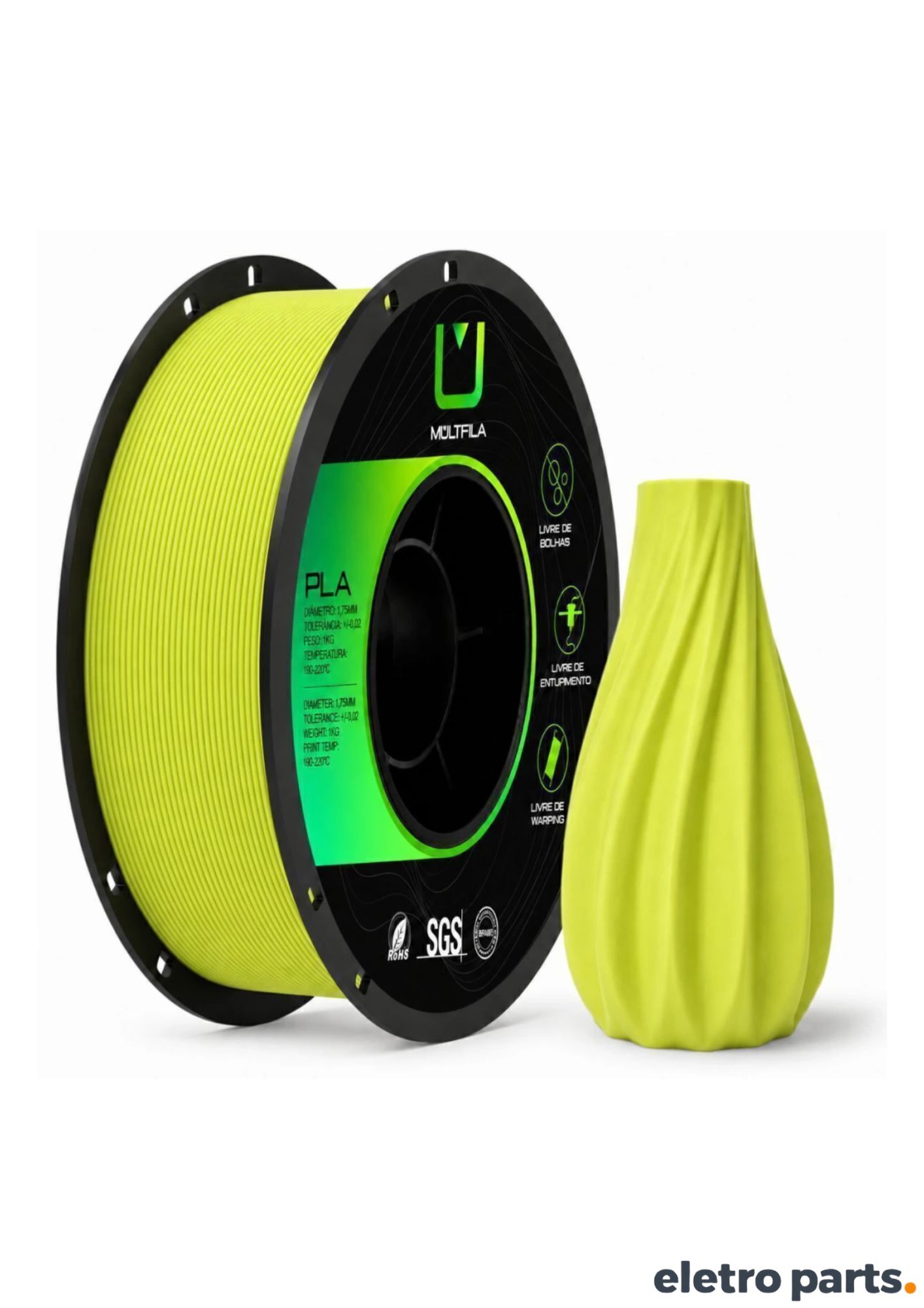 Filamento PLA Matte Verde Citrus 1,75 mm 1 kg MultFila para Impressora 3D