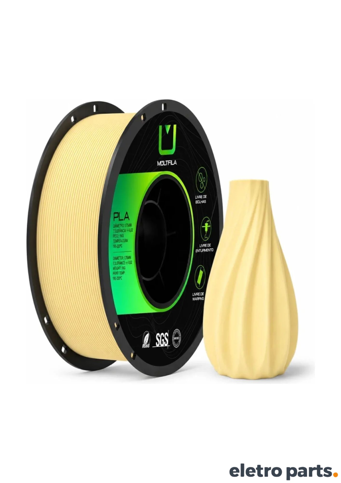 Filamento PLA Matte Amarelo Creme 1,75 mm 1 kg MultFila para Impressora 3D