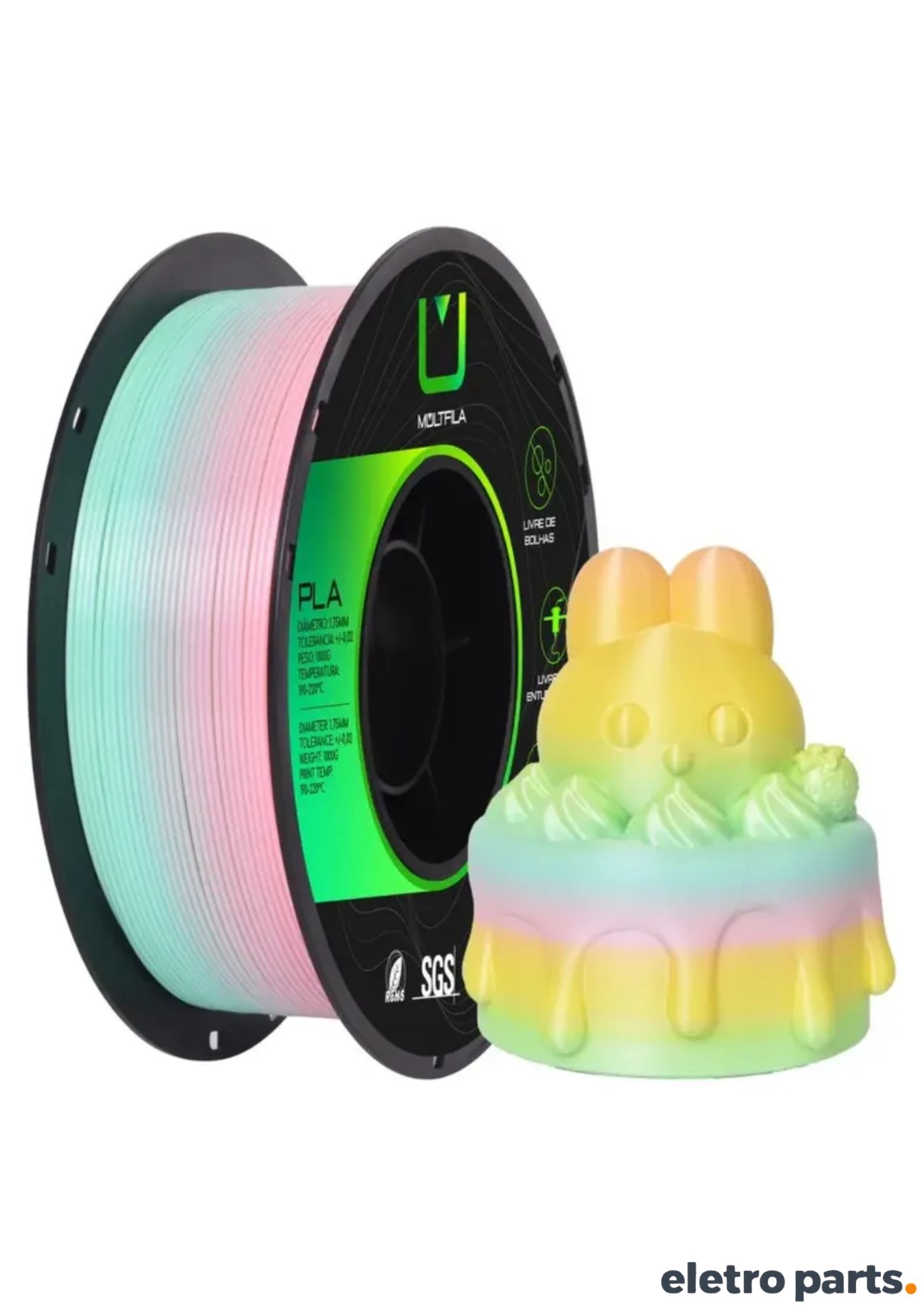 Filamento PLA Silk Rainbow Ice Cream 1,75 mm 1 kg MultFila para Impressora 3D