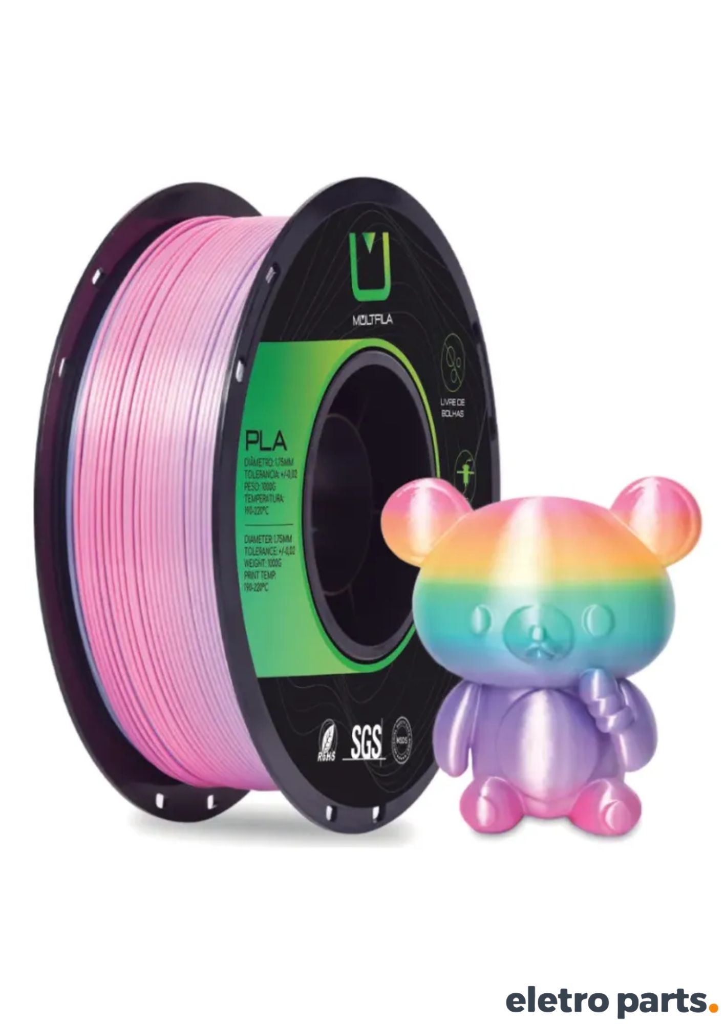Filamento PLA Silk Rainbow Unicorn 1,75 mm 1 kg MultFila para Impressora 3D