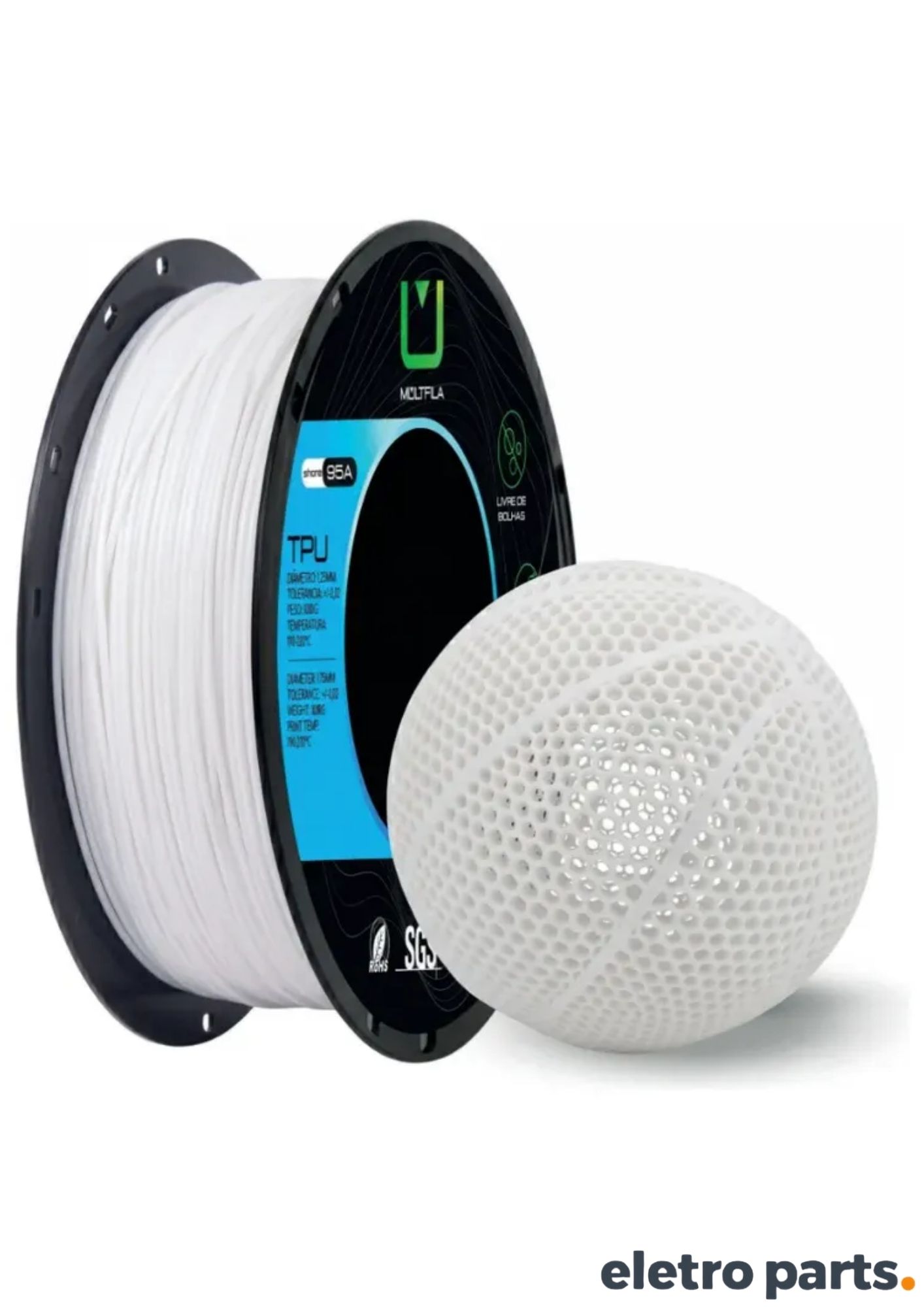 Filamento TPU Branco 1,75 mm 1 kg MultFila para Impressora 3D