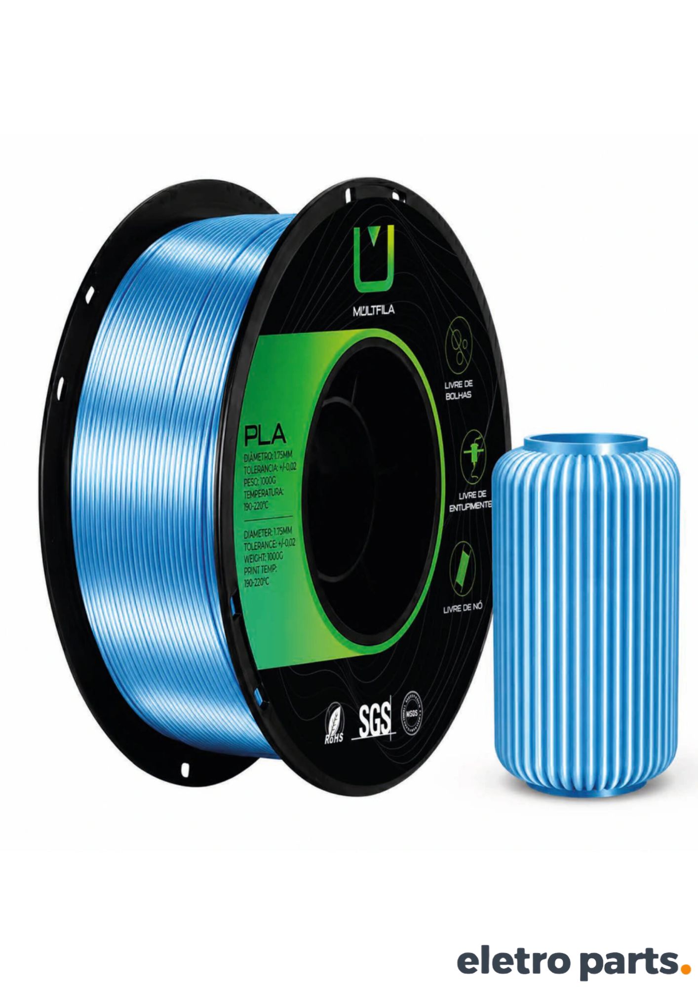 Filamento PLA Silk Azul Bebê 1,75 mm 1 kg MultFila para Impressora 3D