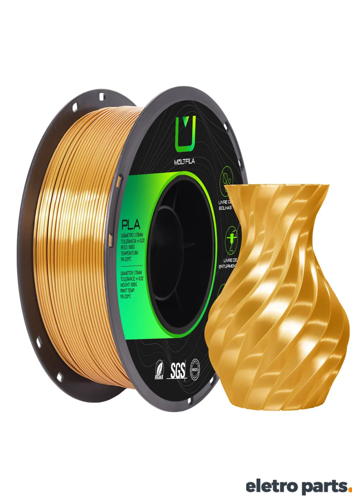 Filamento PLA Silk Ouro Envelhecido 1,75 mm 1 kg MultFila para Impressora 3D