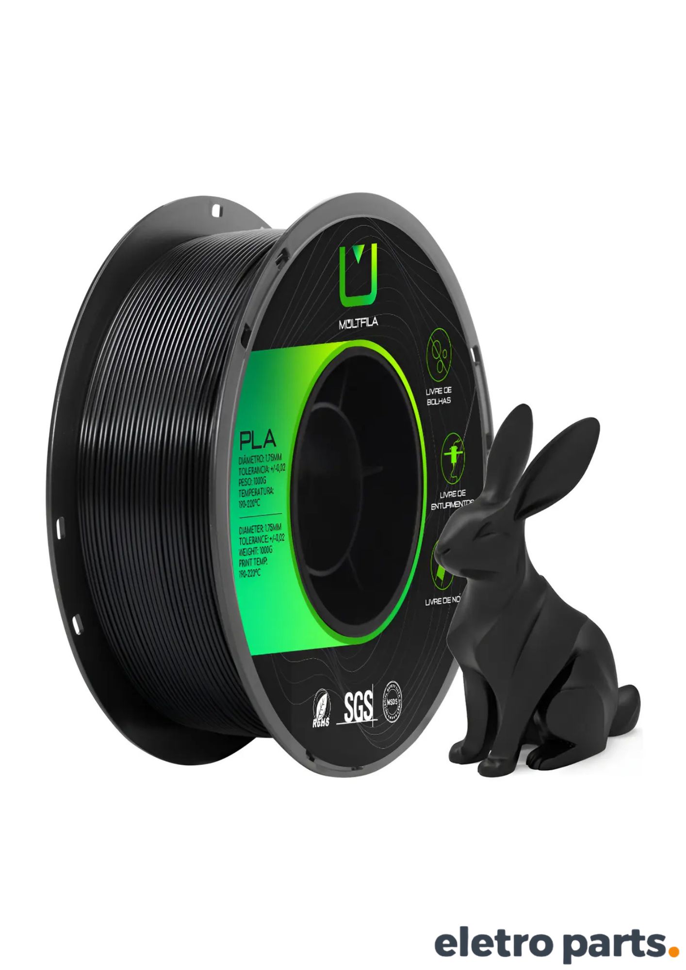 Filamento PLA Preto 1,75 mm 1 kg MultFila para Impressora 3D