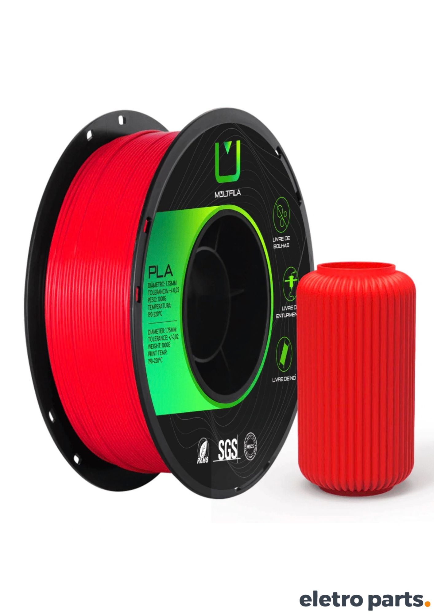 Filamento PLA Vermelho MULTFILA 1,75mm 1Kg para Impressora 3D
