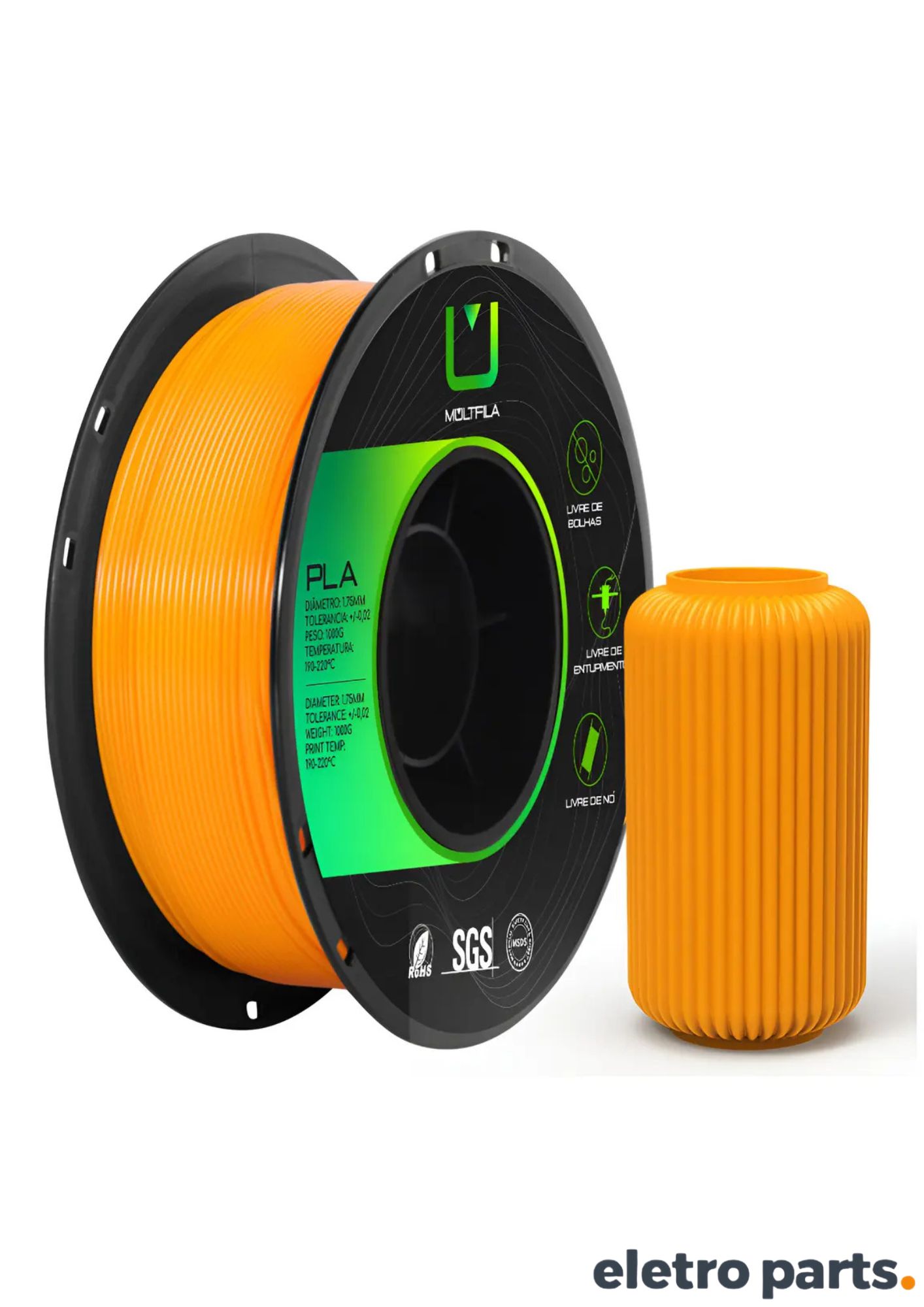Filamento PLA Laranja 1,75 mm 1 kg MultFila para Impressora 3D