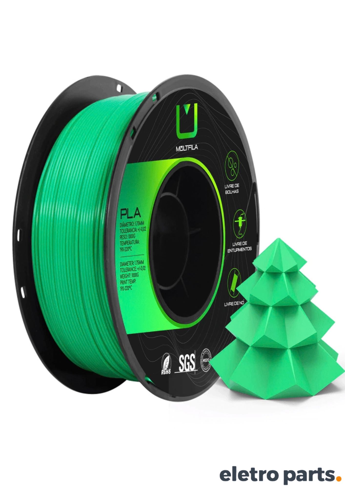 Filamento PLA Verde MultFila 1,75mm 1Kg para Impressora 3D