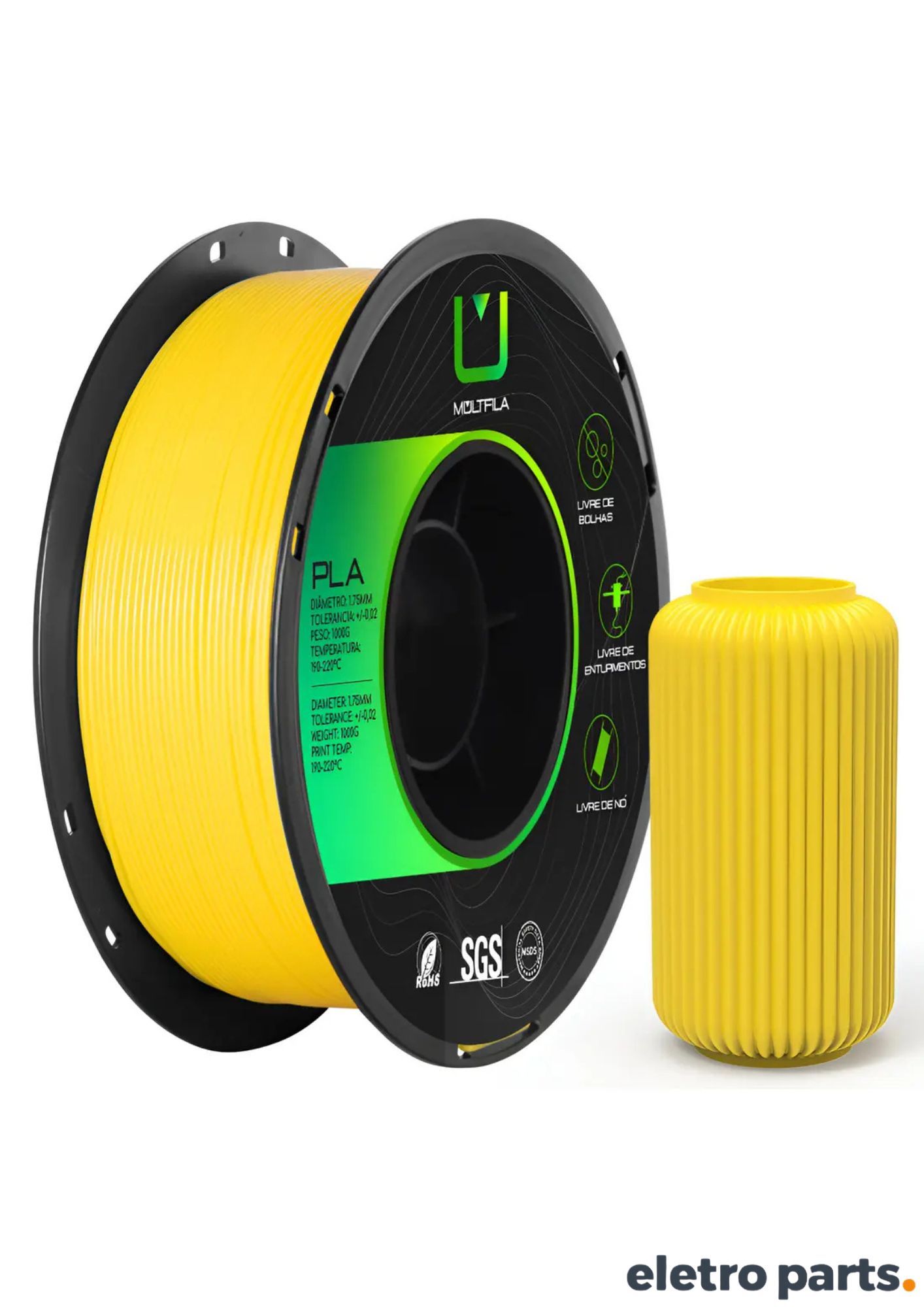 Filamento PLA Amarelo 1,75 mm 1 kg MultFila para Impressora 3D