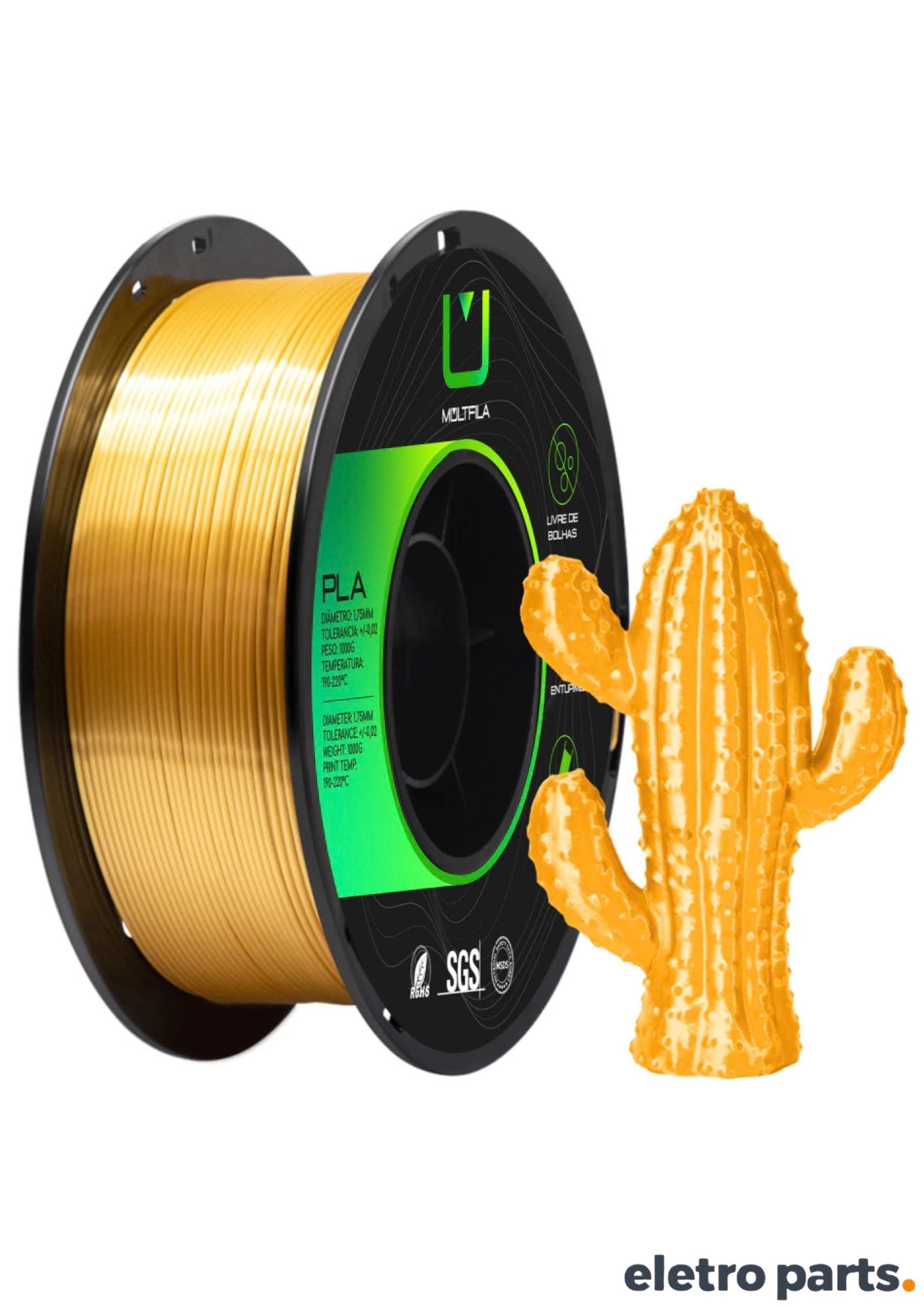 Filamento PLA Silk Ouro Metálico MultFila 1,75mm 1Kg para Impressora 3D